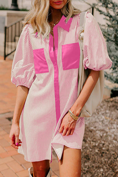 Stripe Color Block Patchwork Shirt Collar Button Down Puff Sleeve Mini Dress
