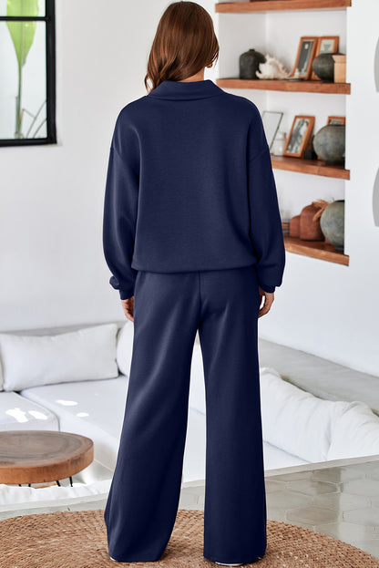 Solid Color Cowl Neck Drawstring Pullover Wide Leg Athleisure Pants Set