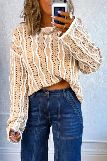 Wavy Detail Hollow Out Knit Long Sleeve Cotton Pullover Sweater