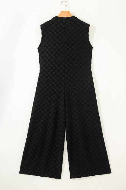 Half Buttons Sleeveless Wide Leg Textured Jumpsuit