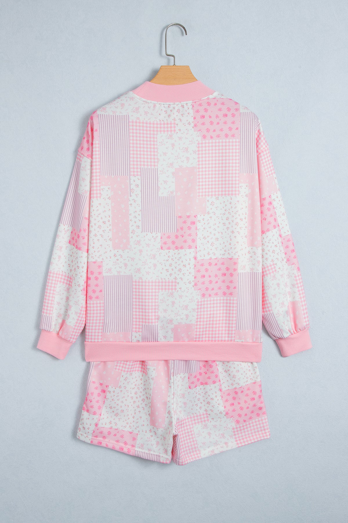 Patchwork Floral Print Drop Shoulder Baggy Pullover Drawstring Shorts Set