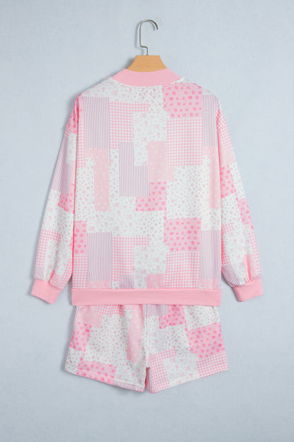 Patchwork Floral Print Drop Shoulder Baggy Pullover Drawstring Shorts Set