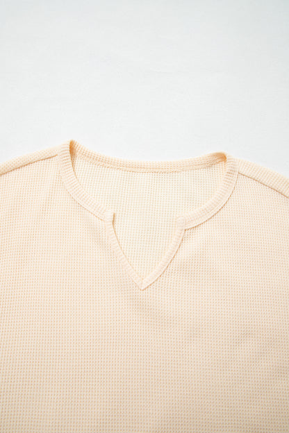 Beige Waffle Textured V Neck Plaid Colorblock Drop Shoulder Long Sleeve Top