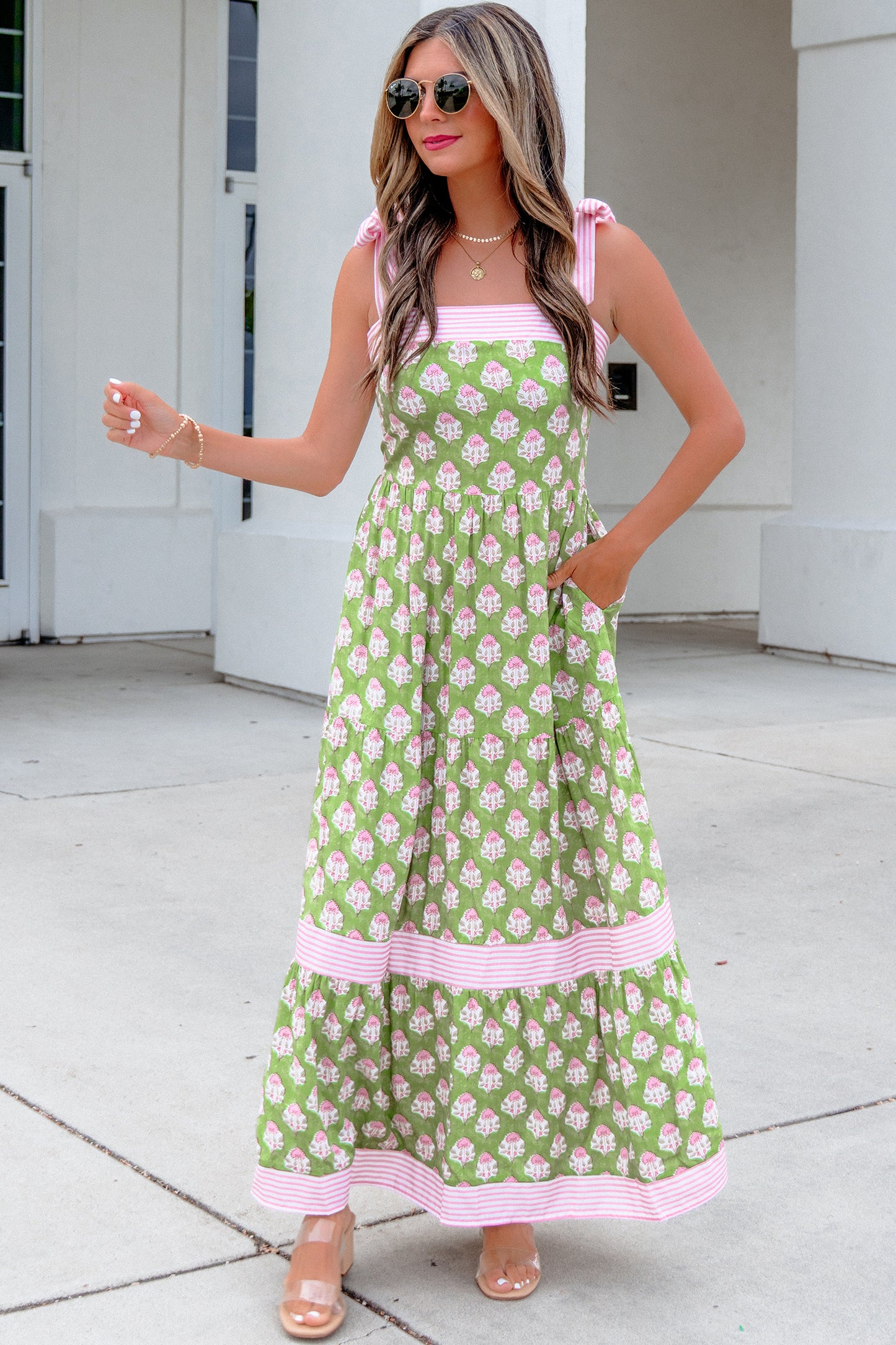 Floral Print Striped Detail Knot Straps Maxi Dress