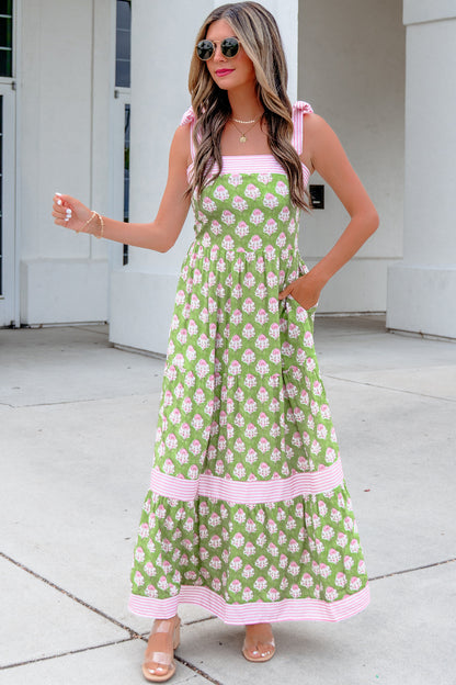 Floral Print Striped Detail Knot Straps Maxi Dress