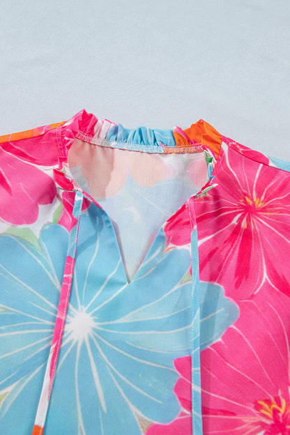 Multicolour Vibrant Flower Printed Tie V Neck Ruffle Trim Sleeveless Blouse