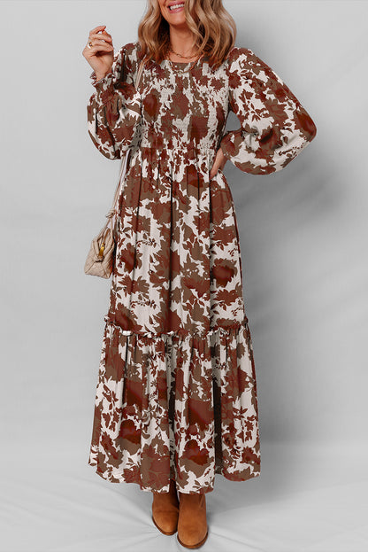 Floral Puff Sleeve Smocked Bodice Ruffled Long Dress