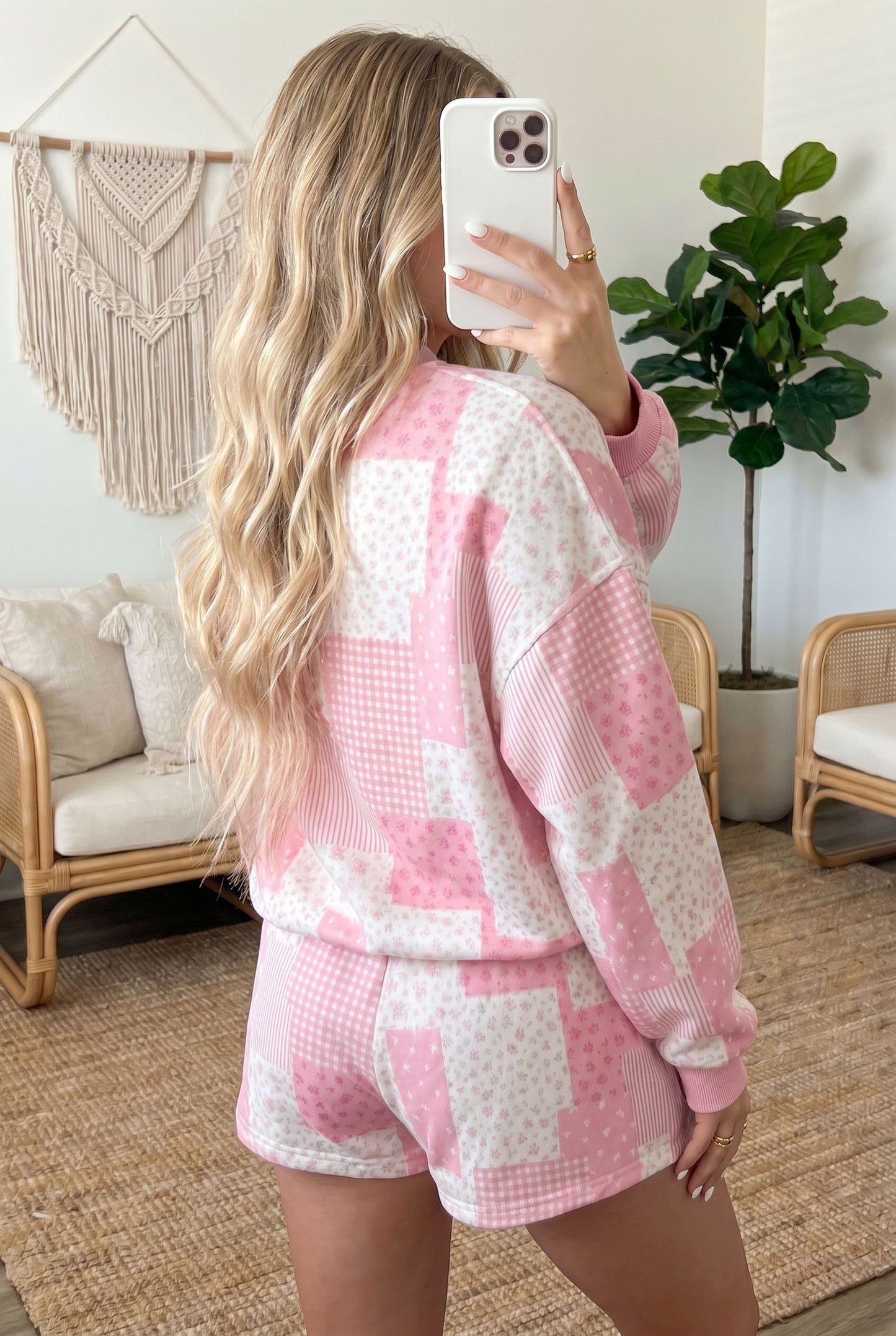 Patchwork Floral Print Drop Shoulder Baggy Pullover Drawstring Shorts Set