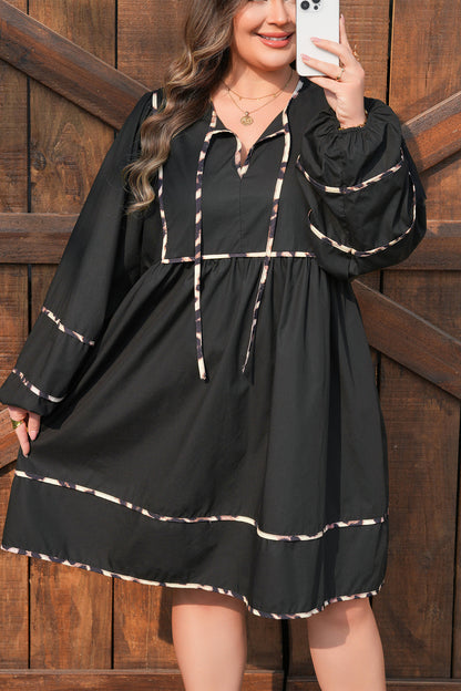 Black Plus Size Long Sleeve Leopard Contrasted Trim Tie Neck Flared Mini Dress