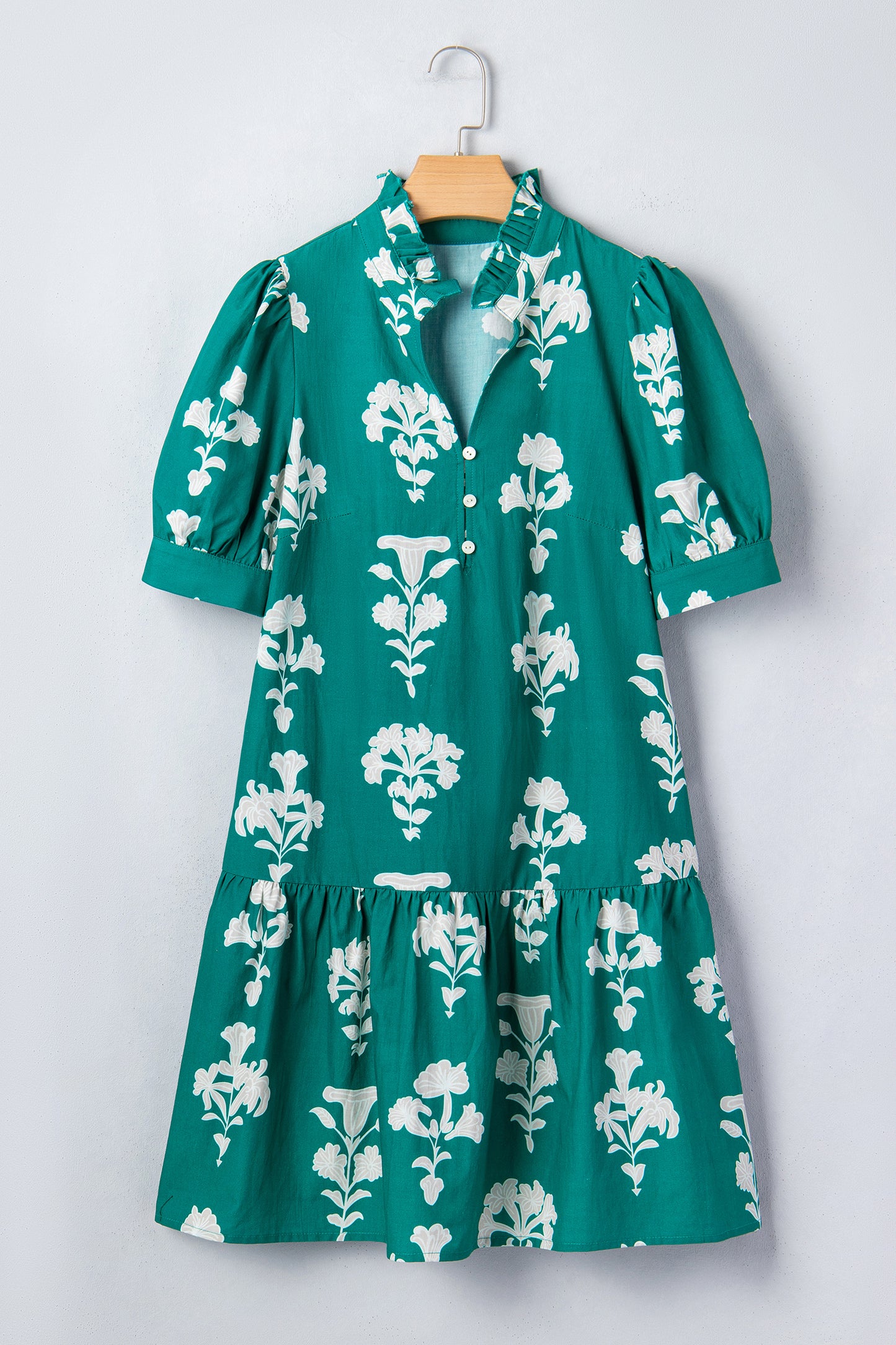 Frilled V Neck Puff Short Sleeve Floral Mini Dress