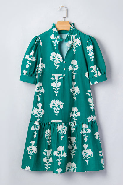 Frilled V Neck Puff Short Sleeve Floral Mini Dress