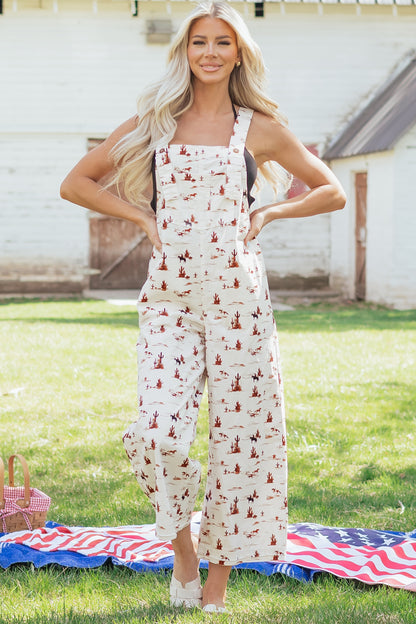 Western Printed Button Adjustable Straps Loose Jumpsuit Dungarees