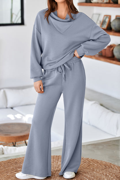 Solid Color Cowl Neck Drawstring Pullover Wide Leg Athleisure Pants Set