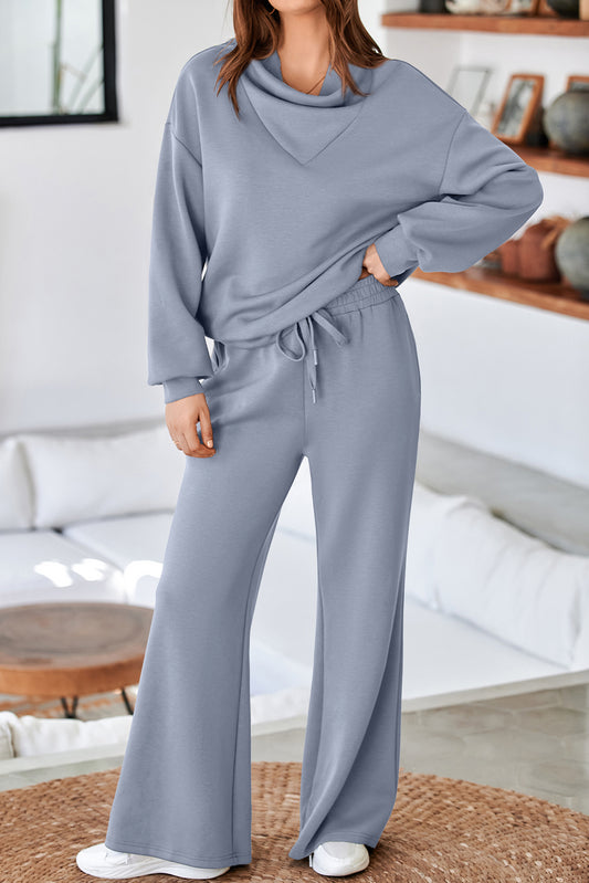 Solid Color Cowl Neck Drawstring Pullover Wide Leg Athleisure Pants Set