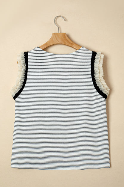 Black Stripe Contrasted Ruffle Trim Casual Tank Top