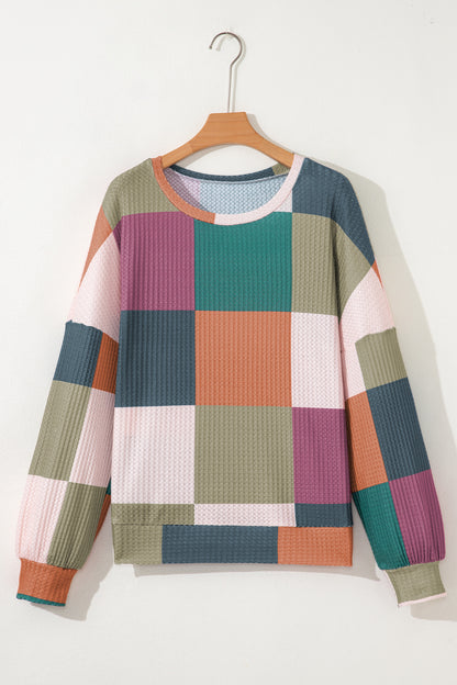 Green Checkered Print Textured Knit Long Sleeve Loose Top