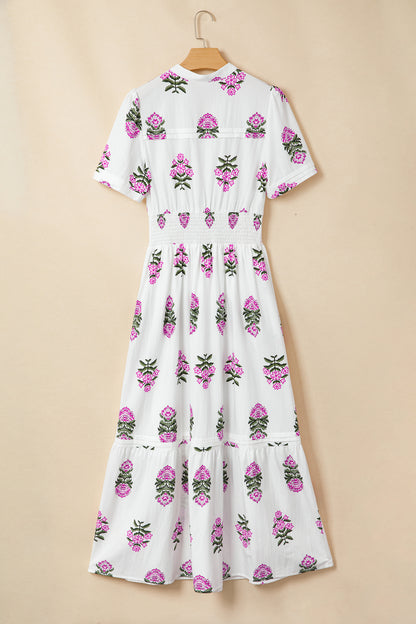 Floral Print Split Neck Shirred High Waist Ruffle Hem Maxi Dress