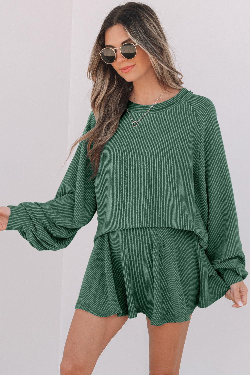 Corded Lantern Sleeve Top High Waist Ruffled Mini Skort Set