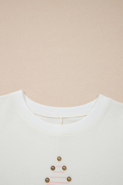 Beige Star Print Stud Detail Cotton Jersey Top