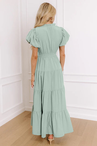 Solid Color V Neck Short Puff Sleeve High Waist Tiered Maxi Dress