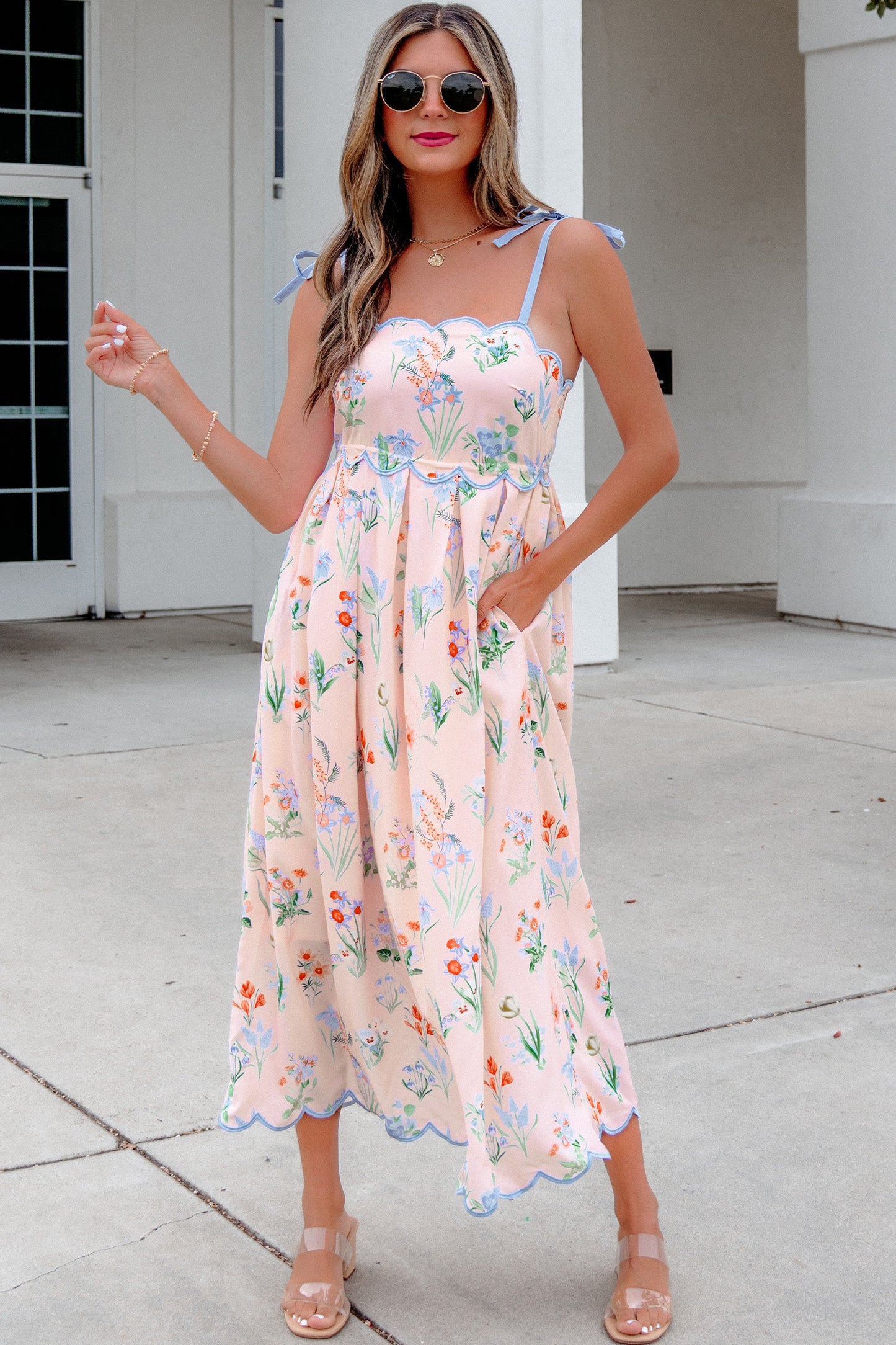 Floral Print Contrast Trim Self-tie Straps High Waist Midi Dress