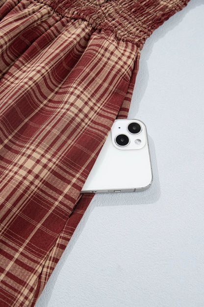 Red Vintage Plaid Knot Front Smocked High Waist Midi Dress
