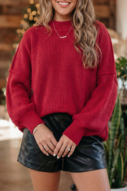 Long Sleeve Ribbed Knit Stand Neck Regular Fit Sweater