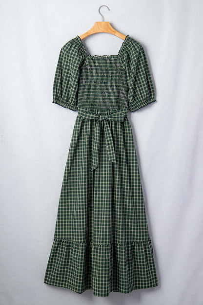 Green Plaid Square Neck Shirred High Waist Ruffle Hem Dress