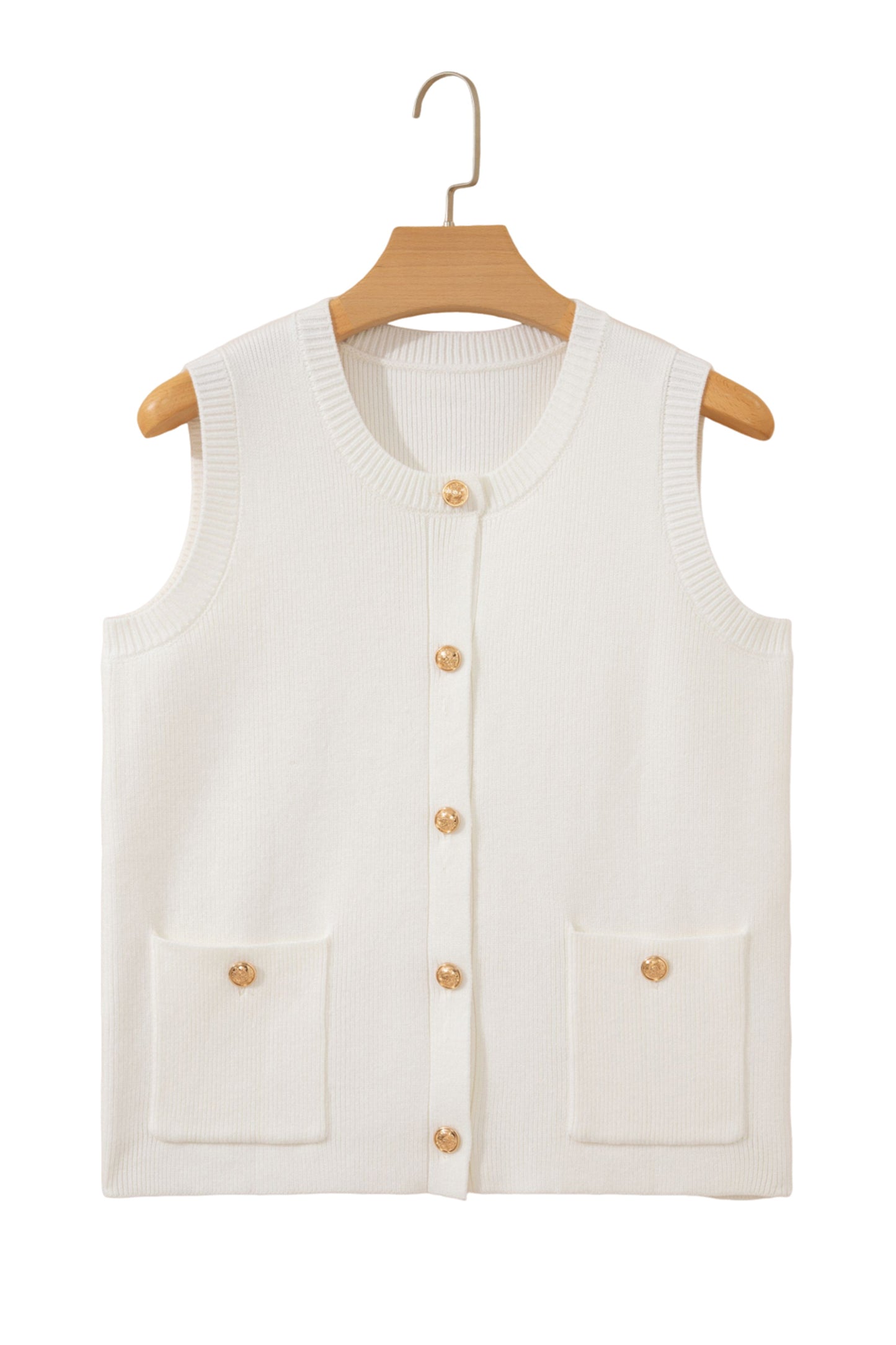 Solid Color Sleeveless Knit Button Pocketed Sweater