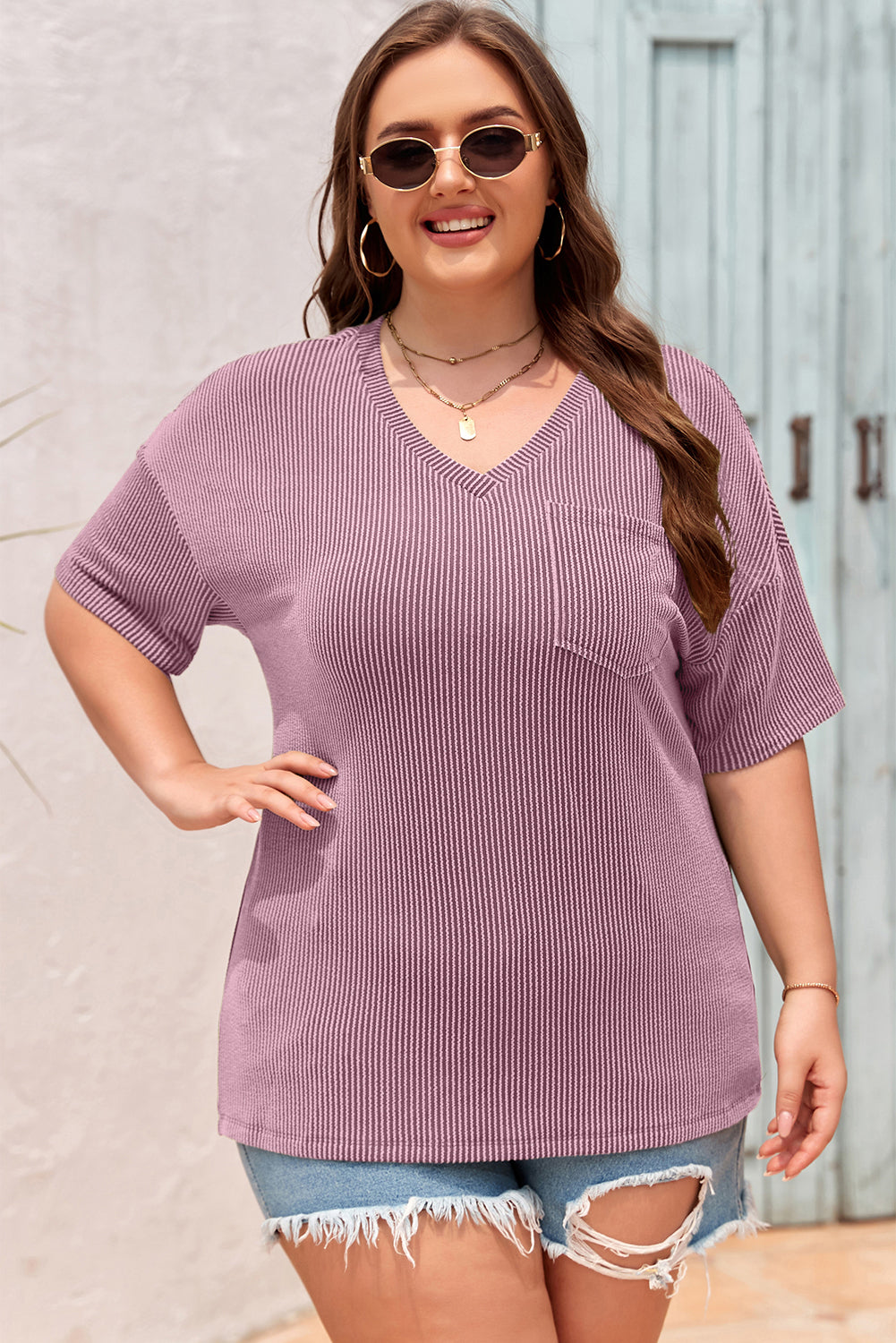 Textured V-Neck Dropped Shoulder Plus T-Shirt