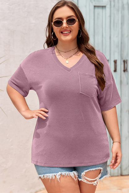 Textured V-Neck Dropped Shoulder Plus T-Shirt