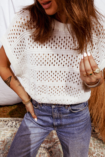 White Hollow Out Knit Round Neck Dolman Sweater