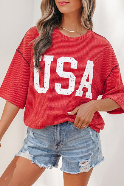 USA Graphic Half Sleeve Loose Ribbed Top