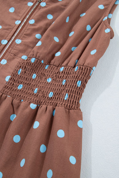 Polka Dot Print Contrast Trim V Neck Zip Up Sleeveless Dress