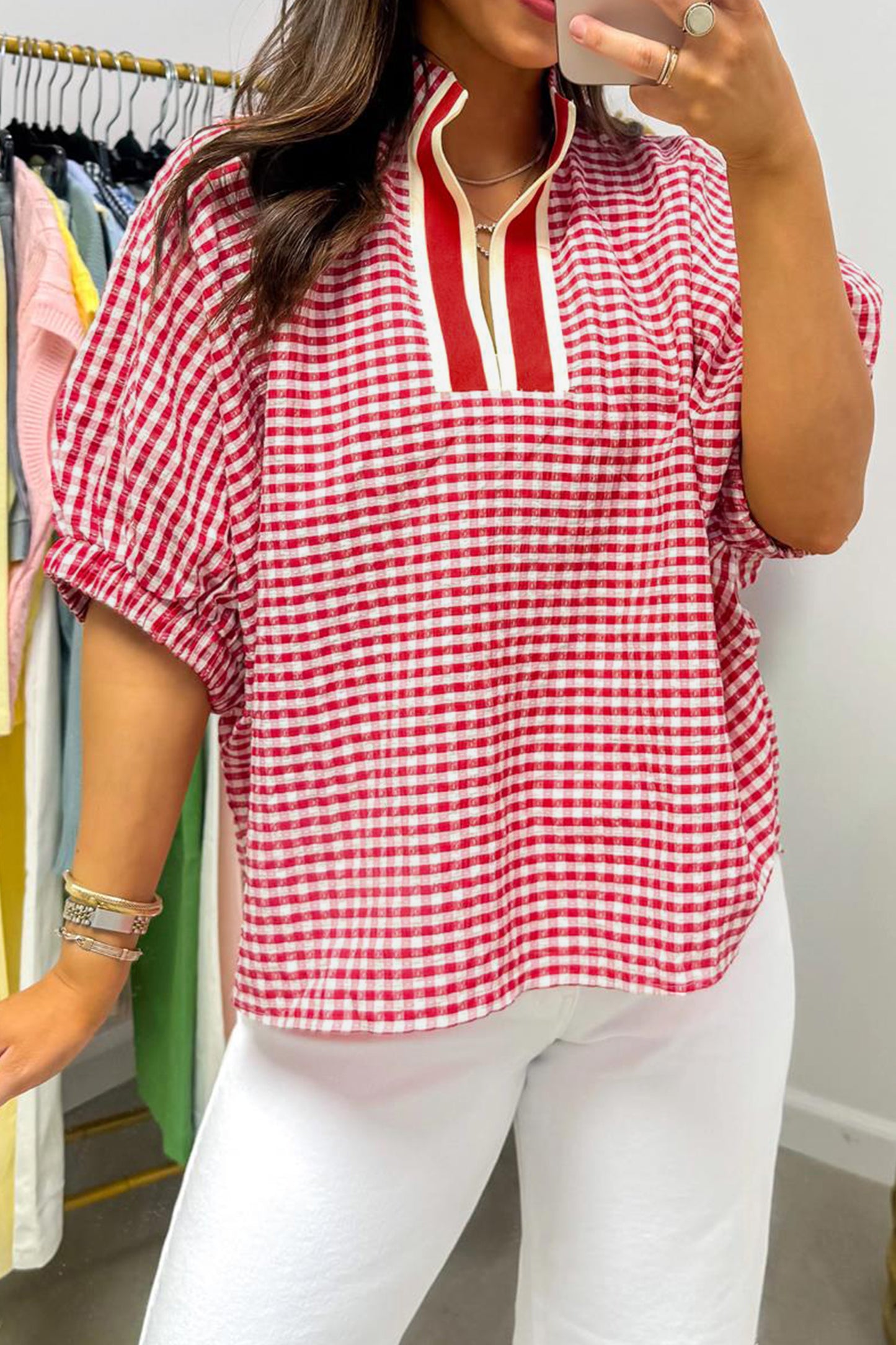 Plaid Short Sleeve Colorblock Trim Split Neck Blouse