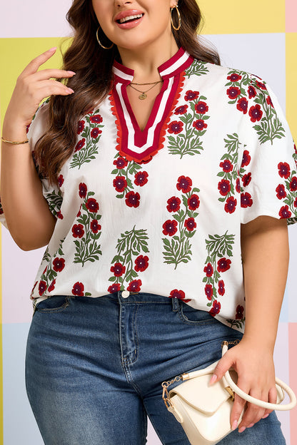 Plus Size Floral Print Ricrac Striped Trim Short Sleeve Cotton Blouse