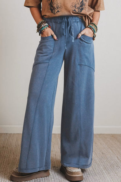 Mineral Wash Drawstring Retro High Waist Wide Leg Western Pants