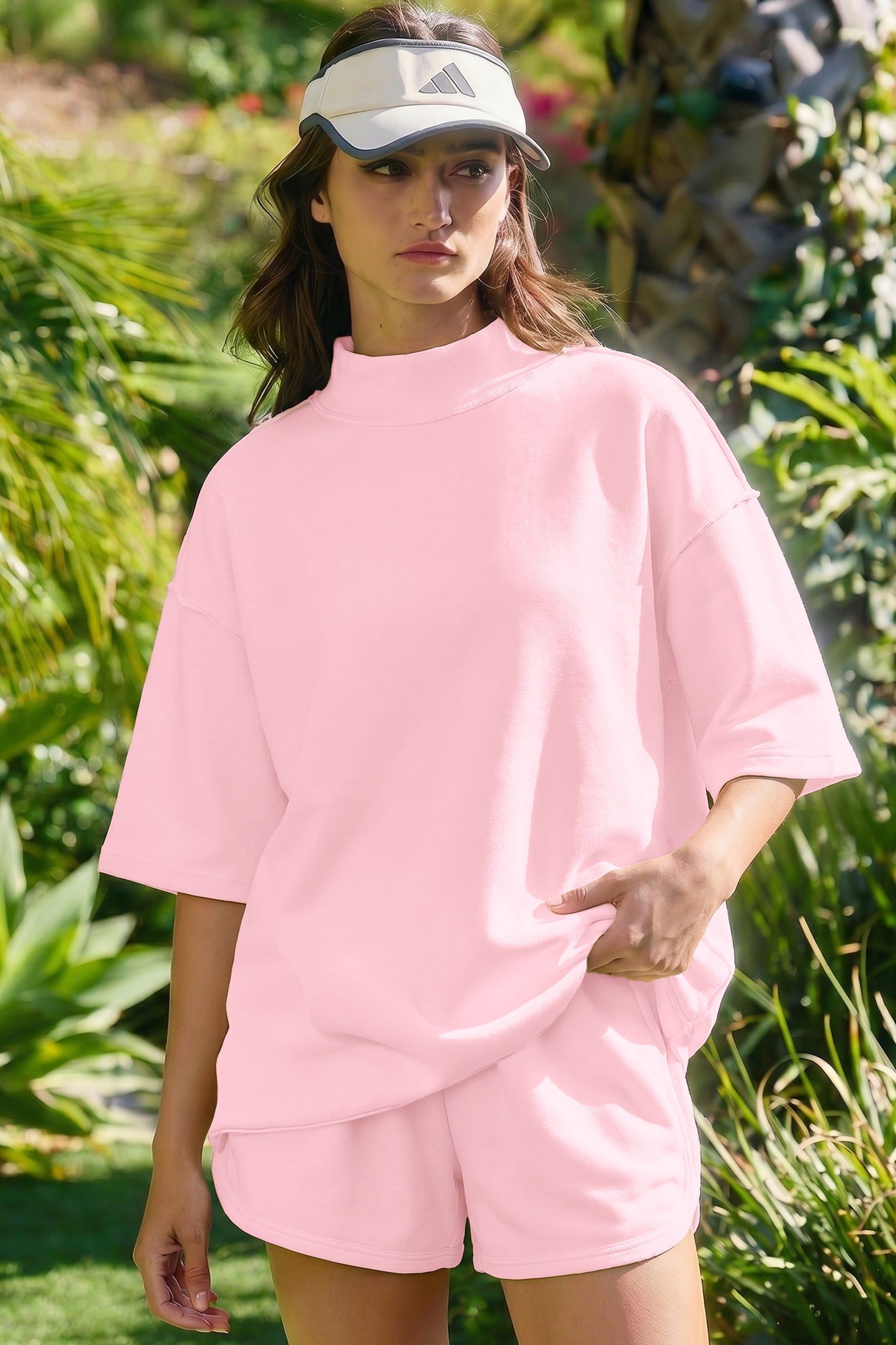 Solid Color Exposed Seam Mock Neck Oversize Tee Casual Shorts 2pcs Outfit