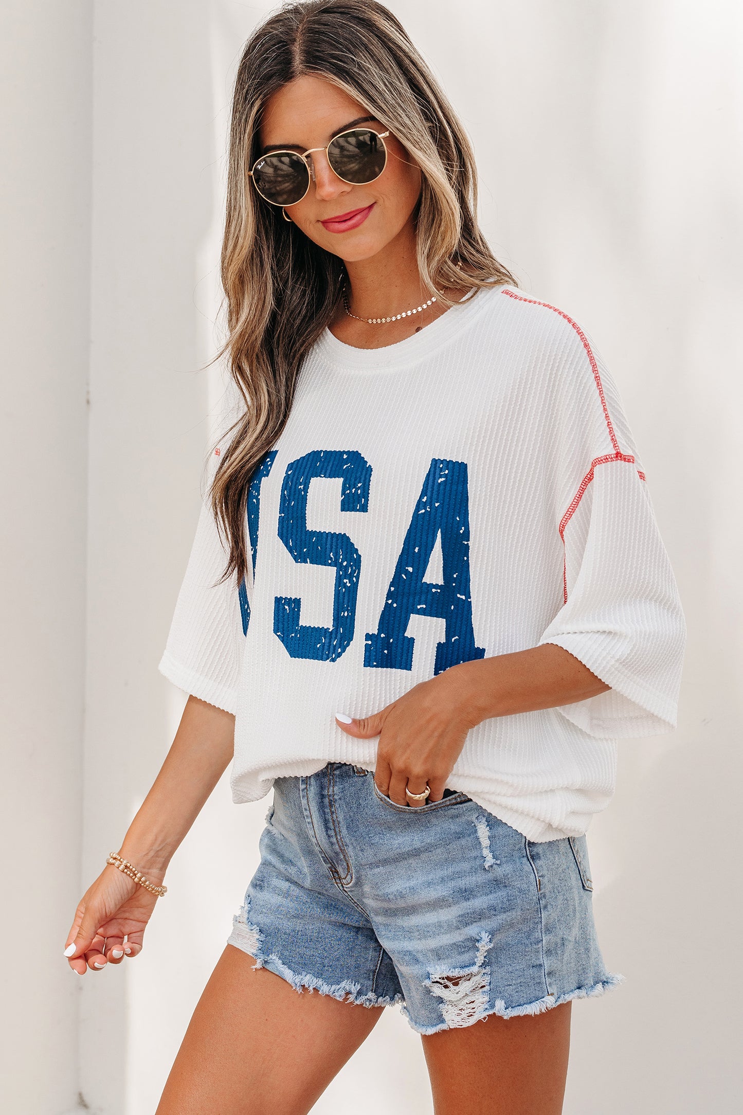 USA Graphic Half Sleeve Loose Ribbed Top