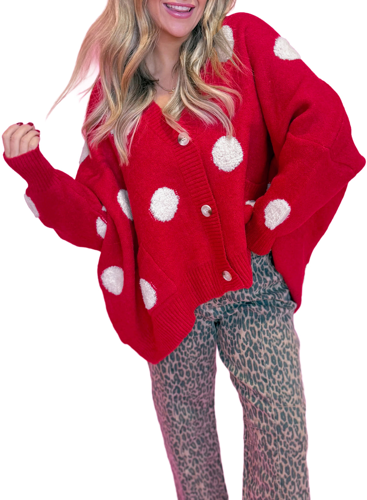 Polka Dot Button Front Oversized V Neck Cardigan