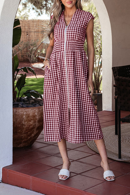 Plaid Print Full Zipper Cinched Waist Fit Flare Sleeveless Maxi Dress