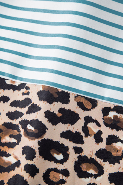 Brown Stripe Contrast Leopard Patchwork Long Shirt Dress with Slits