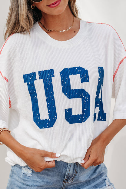 USA Graphic Half Sleeve Loose Ribbed Top