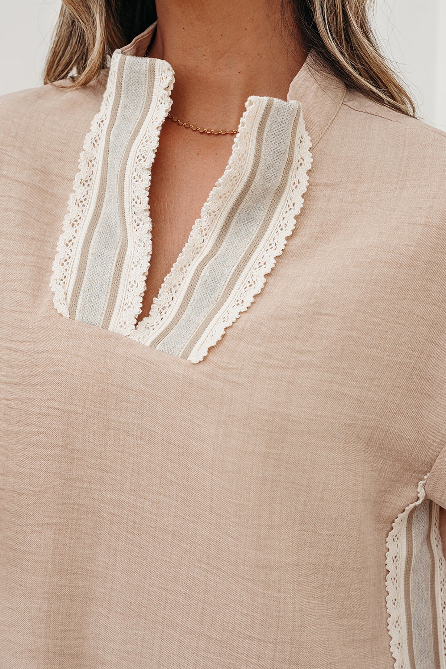 Crochet Lace Accent Pullover Rolled Short Sleeve Blouse