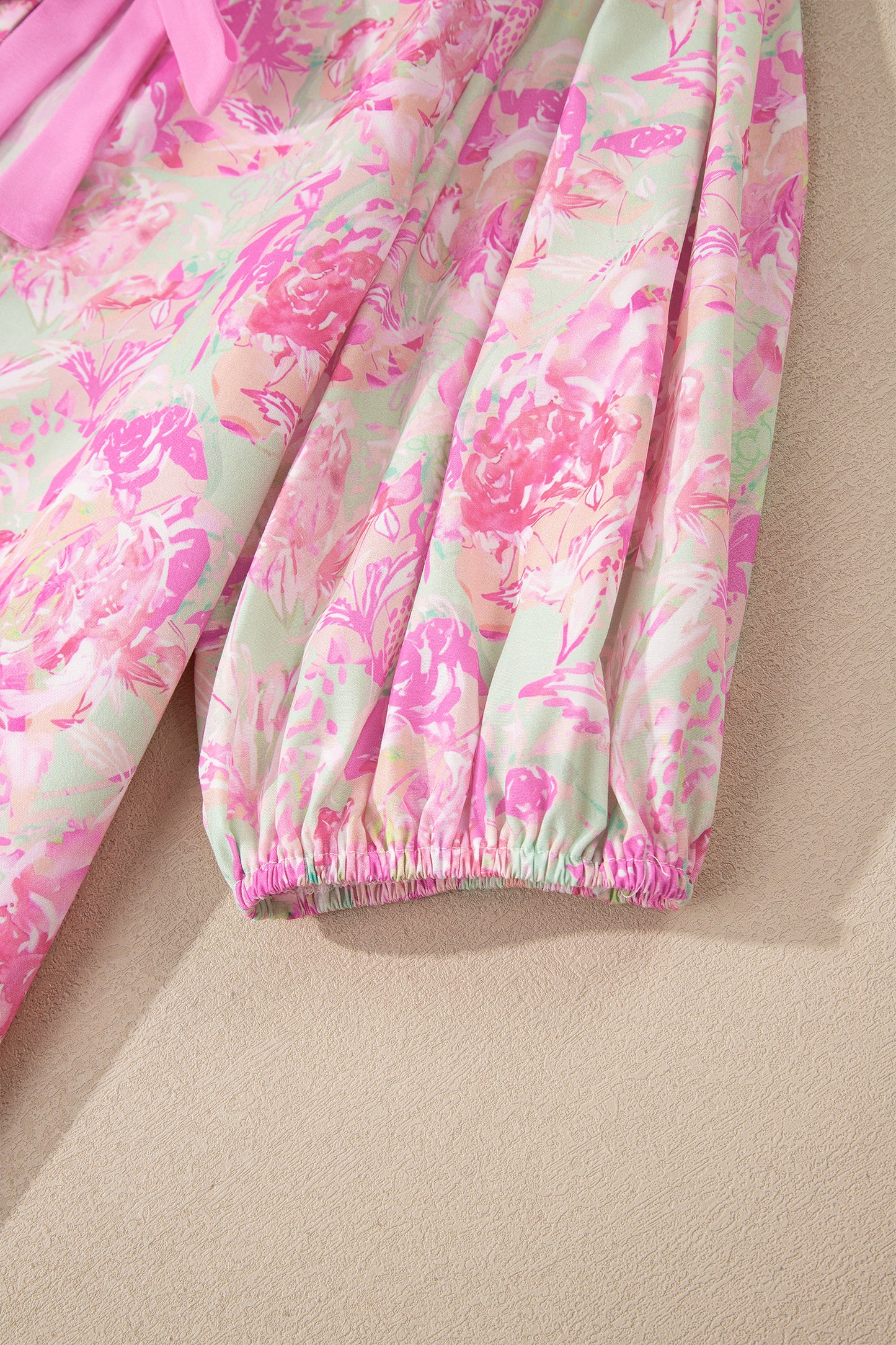 Pink Ribbon Knot Front Floral Short Puff Sleeve Blouse