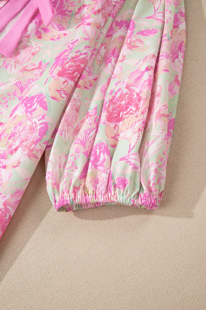 Pink Ribbon Knot Front Floral Short Puff Sleeve Blouse