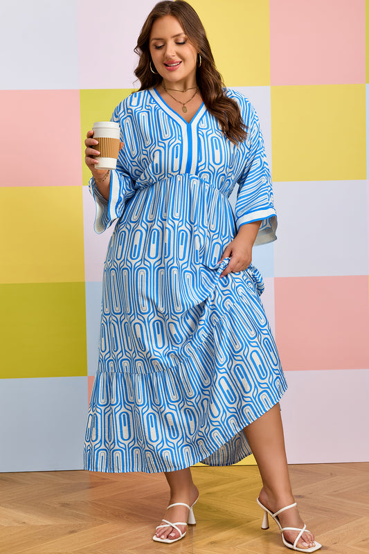 Plus Size Geometric Print Contrast Trim V Neck Bracelet Sleeve Long Dress
