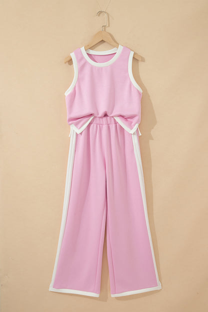 Colorblock Trim Cropped Tank Elastic Waist Shift Pants 2pcs Set