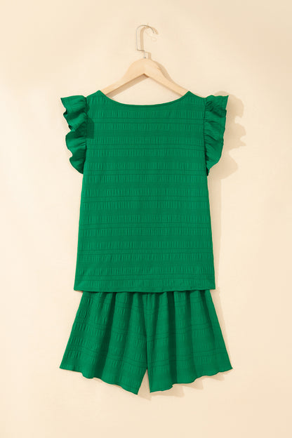 Textured Square Neck Top and Shirred High Waist Shorts Set
