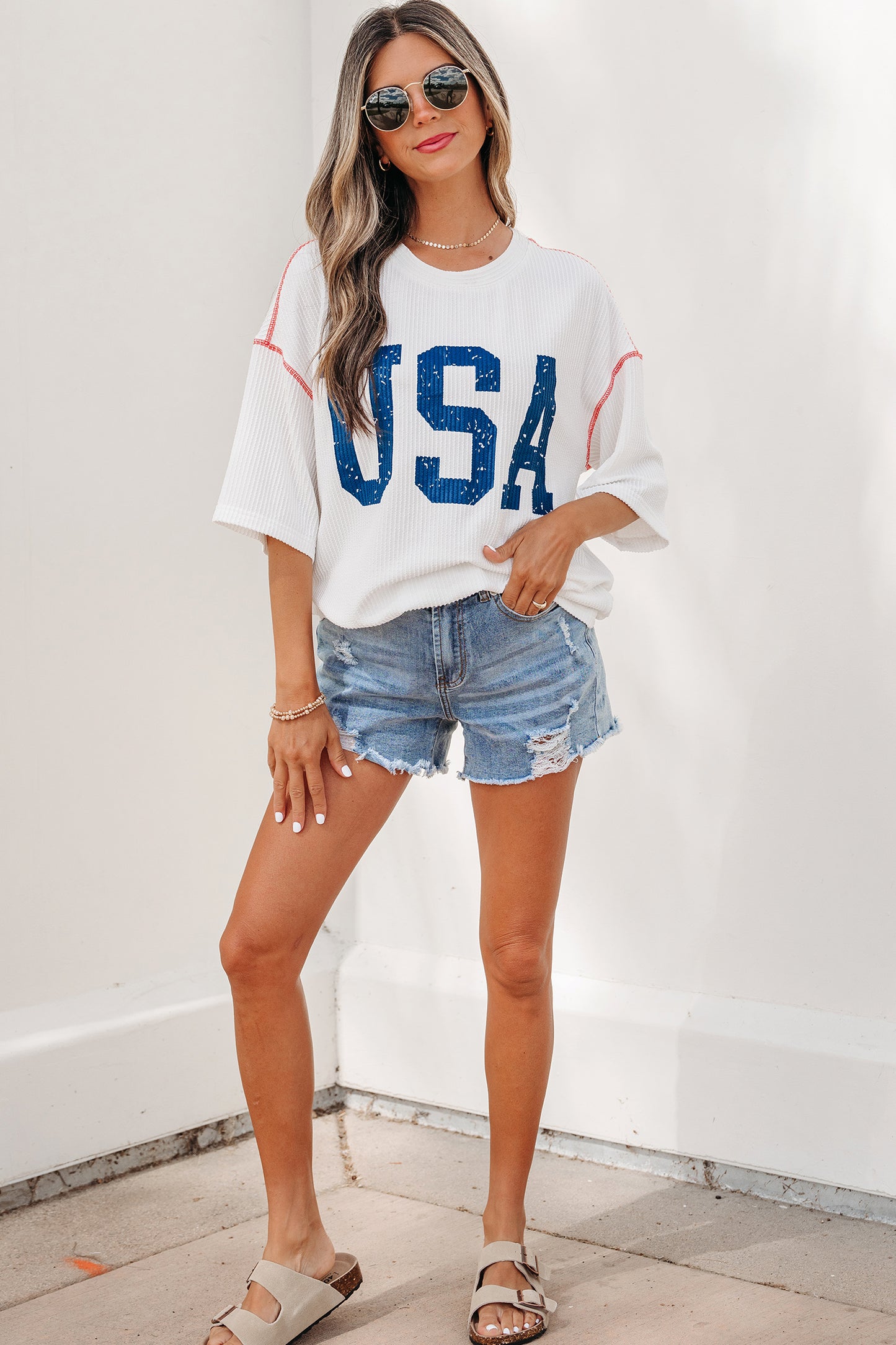 USA Graphic Half Sleeve Loose Ribbed Top